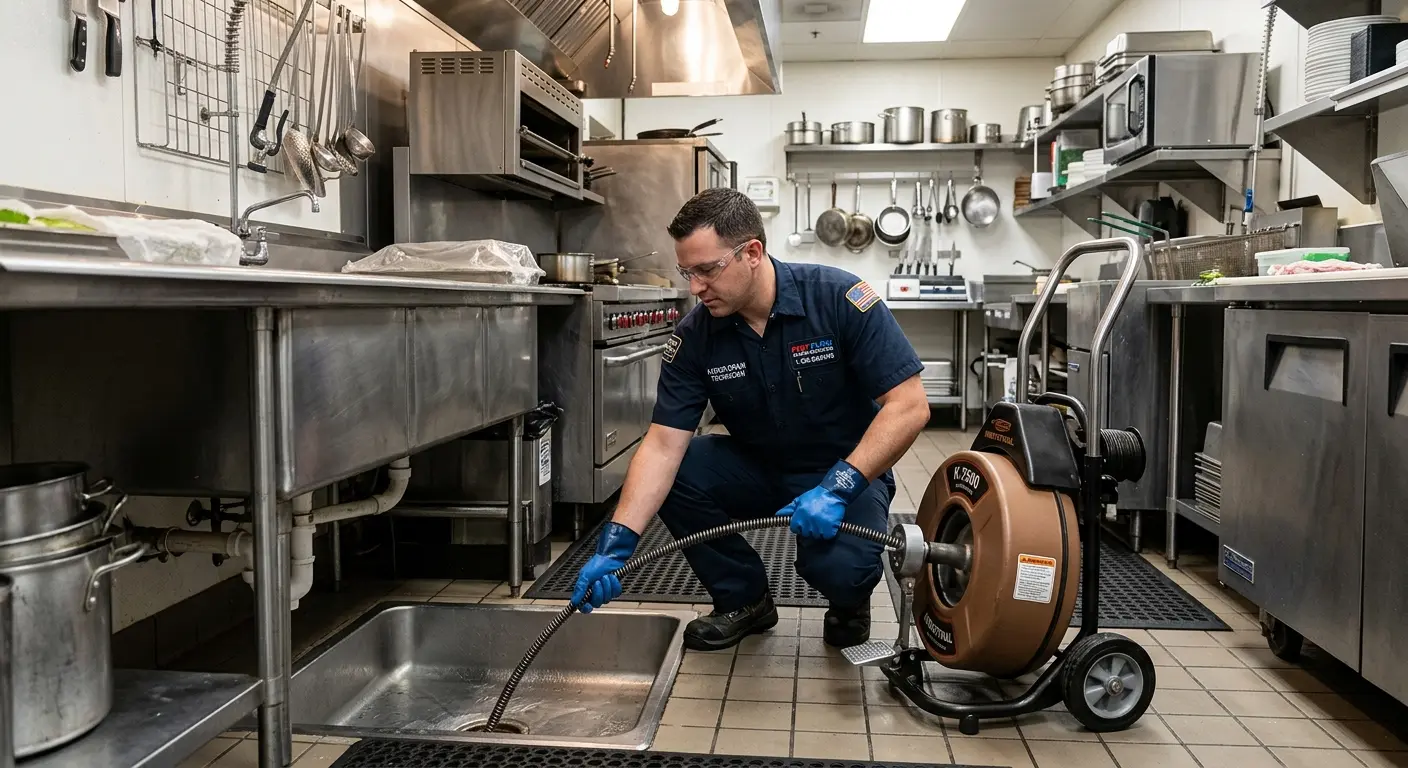 Commercial drain cleaning service in a restaurant kitchen in Larose