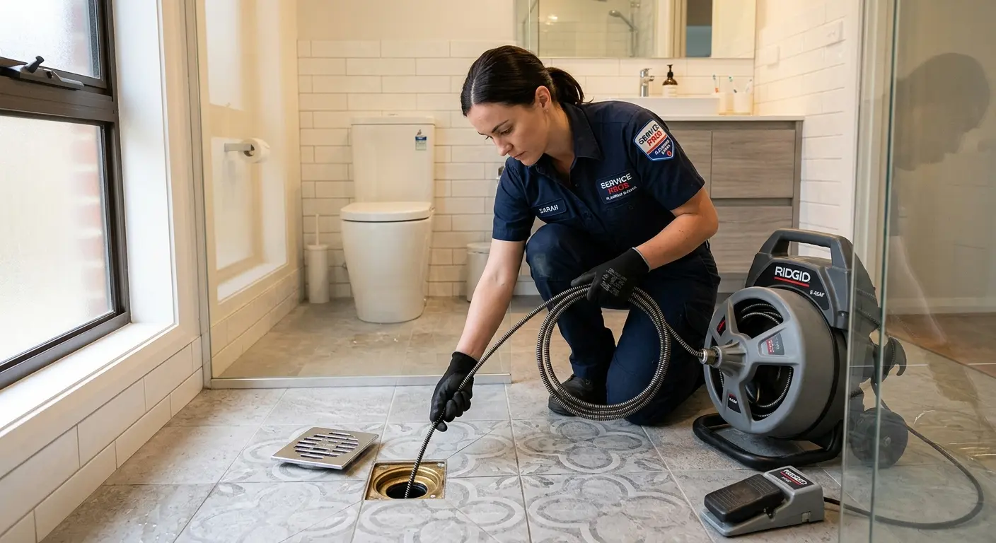 Technician clearing a bathroom floor drain for Drain Cleaning in Larose